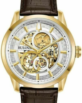 BULOVA CLASSIC SUTTON AUTOMATIC SKELETON DIAL LEATHER BAND MEN'S WATCH 97A138